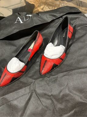 Coach Red and Black Pointed Toe Flats with Geometric Pattern